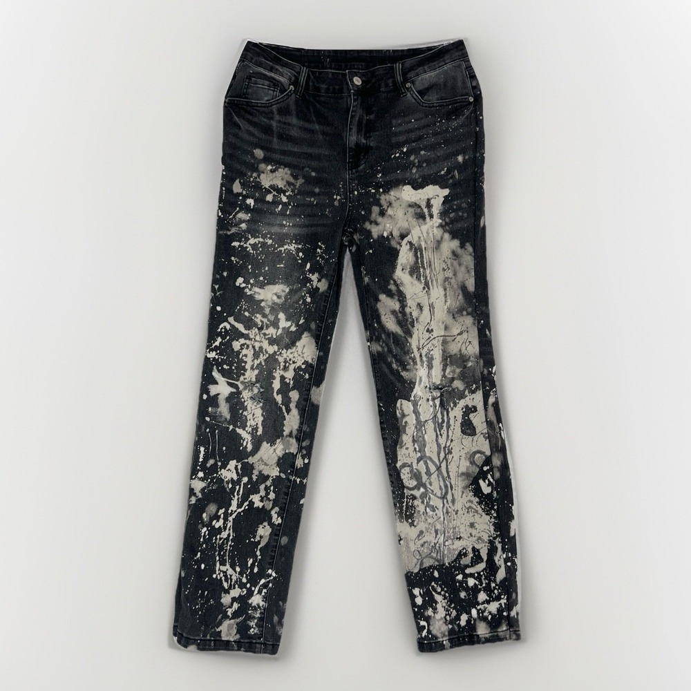 SIDEFEEL Distressed Jeans Bleach Splatter High Rise Straight Leg 12 Black Denim